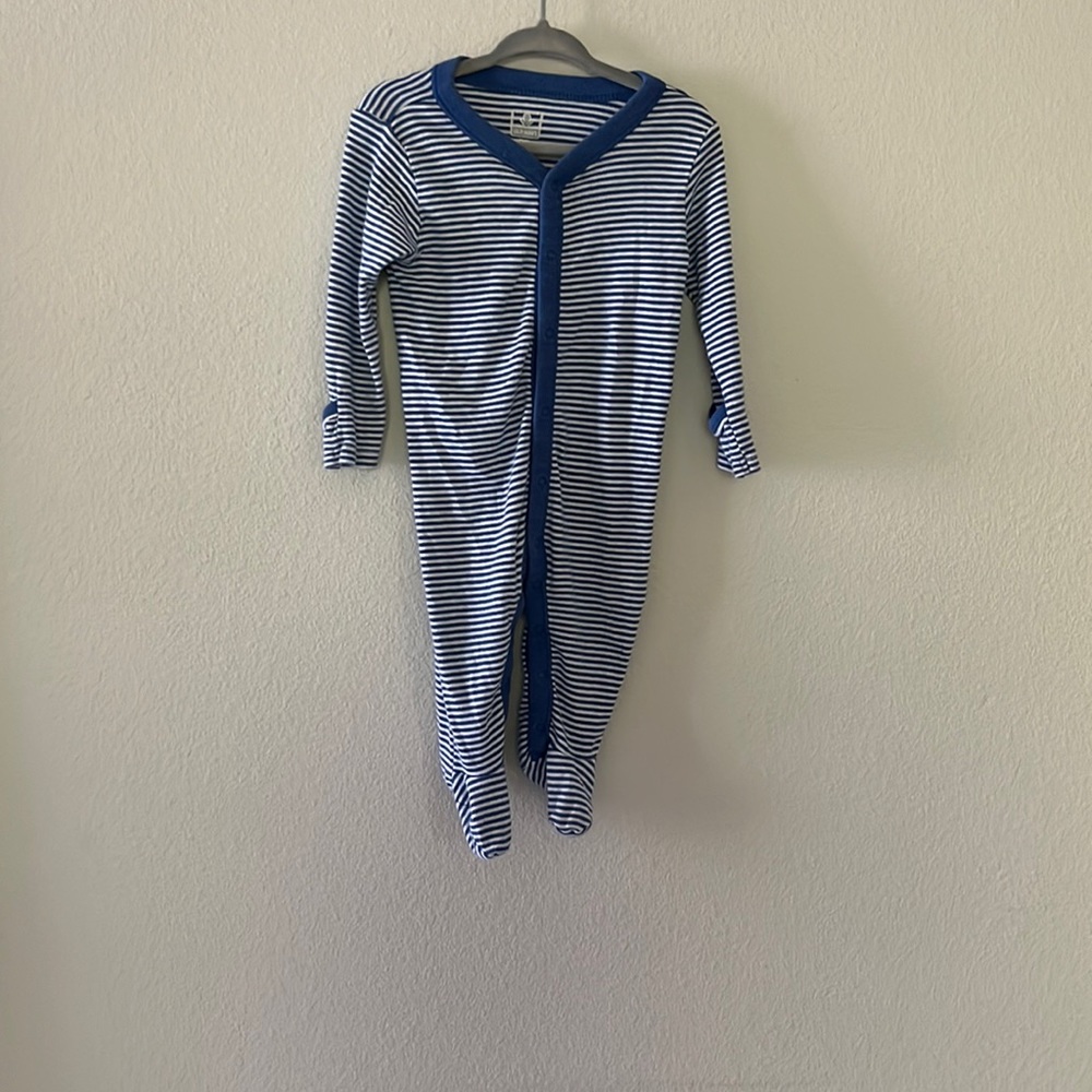 Old Navy blue and white striped button up footie with hand covers, 6-9m